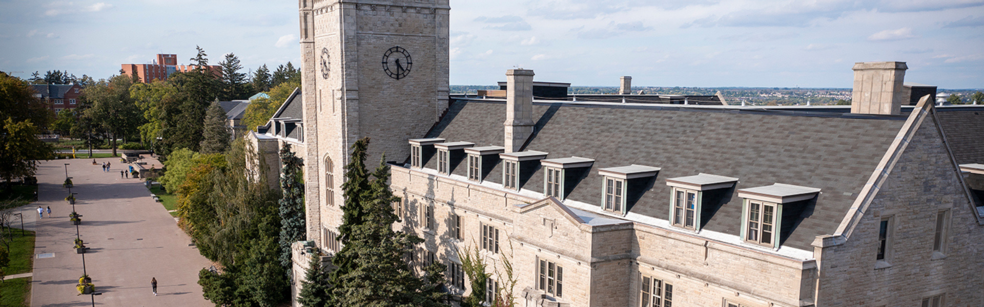 Aerial shot of Johnston Hall on a sunny day