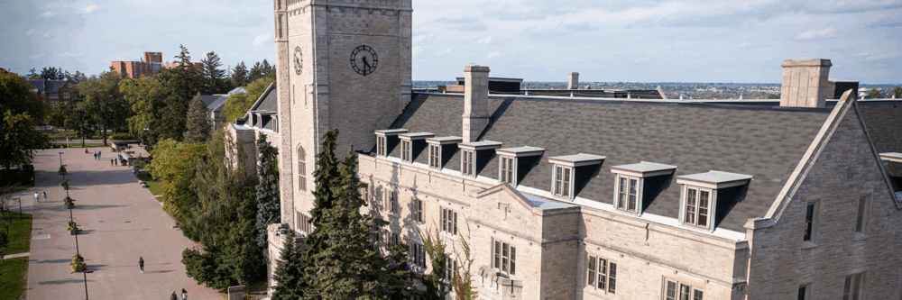 Aerial shot of Johnston Hall on a sunny day