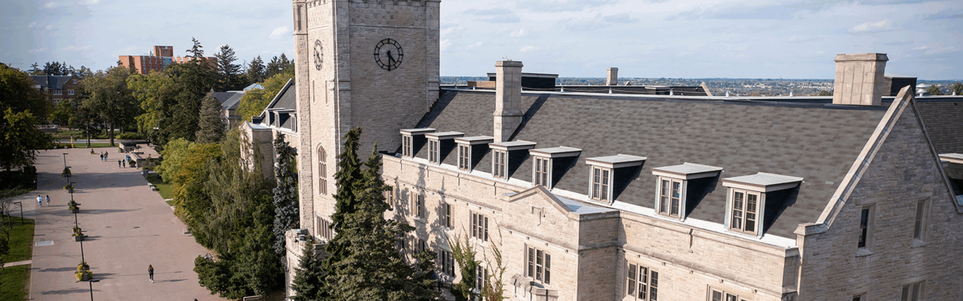 Aerial shot of Johnston Hall on a sunny day