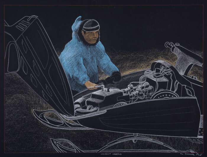 A piece of art depicting a person looking under the hood of a snowmobile.