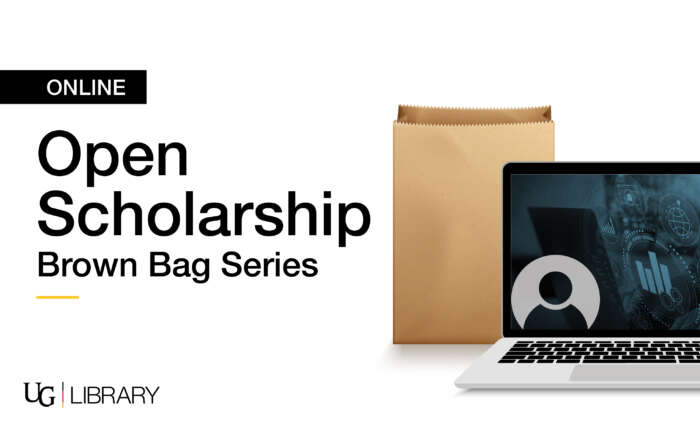 Open Scholarship Brown Bag Series. U of G library logo. A laptop sits next to a brown bagged lunch.