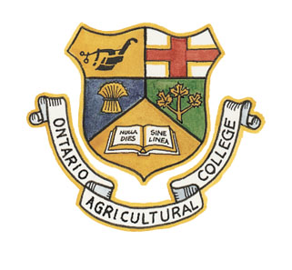 Ontario Agricultural College crest that features a plow, a bundle of wheat, a maple leaf branch, a red cross on a white background, and a book.