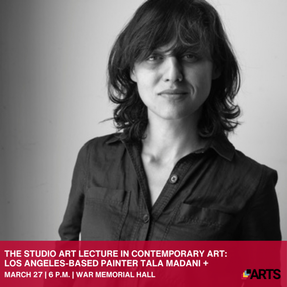 The studio art lecture in contemporary art: los angeles-based painter tala madani +. March 27, 6 p.m., War Memorial Hall. Black and white shot of Tala looking at the camera with a slight smile and wearing a dark button-up shirt.