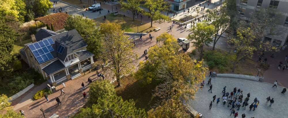 An aerial shot of Branion Plaza on the U of G campus