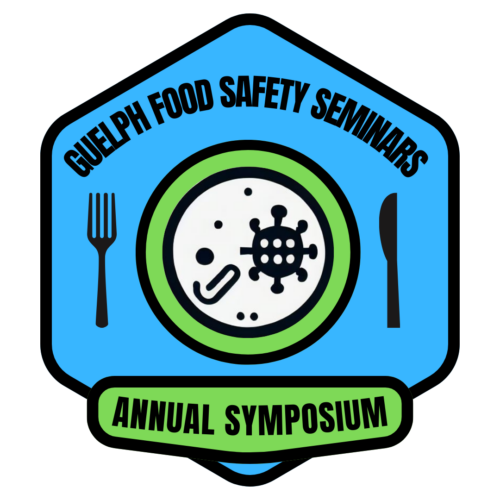 Guelph Food Safety Seminars Annual Symposium badge, with a place setting where the plate is covered in bacteria.