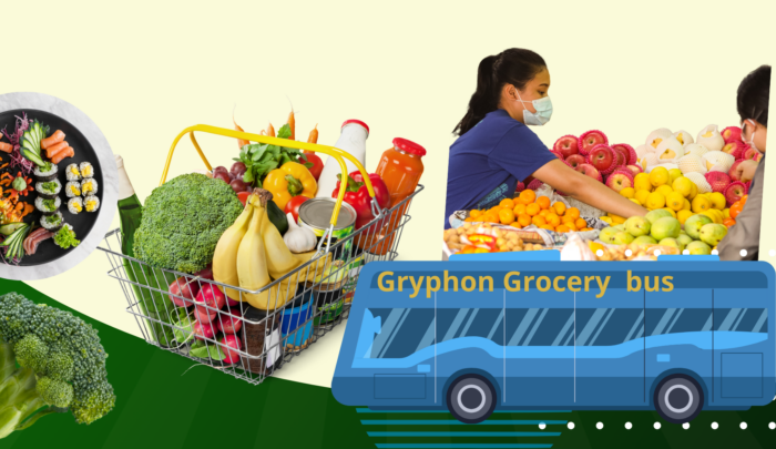 A collage of healthy foods, a bus, and people grocery shopping.