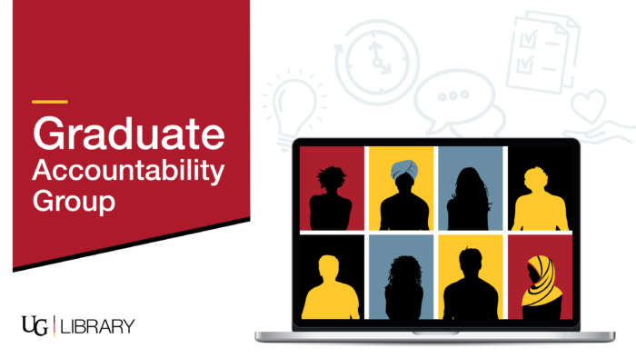 Graduate Accountability Group. U of G library logo. Graphic of a video chat with multiple silhouettes on a laptop screen.