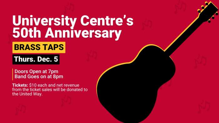 University Centre's 50th Anniversary. A silhouette of a guitar.