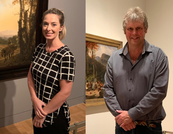 Headshots of two artists standing by their work.