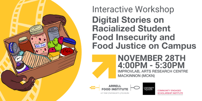 Interactive Workshop. Digital stories on racialized student food insecurity and food justice on campus. November 28, 4 to 5:30 p.m., improvlab, arts research centre, mackinnon. A drawing of hands holding a box of food.