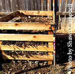 A pile of compost in a wooden frame.