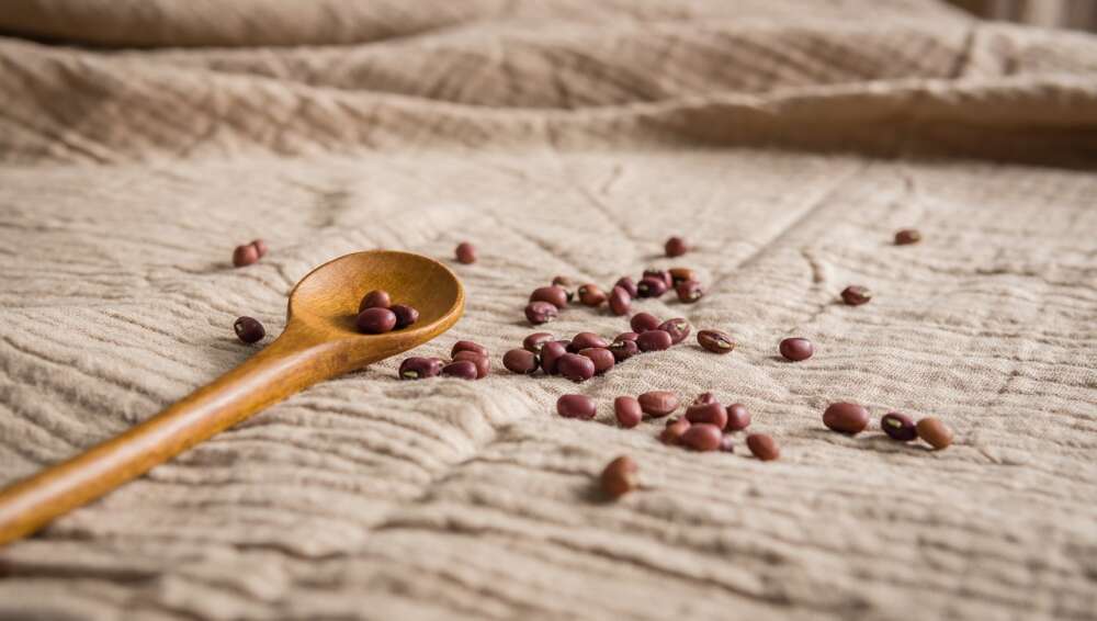 Red kidney beans appear on a woven brown cloth with some spilling from a wooden spoon.
