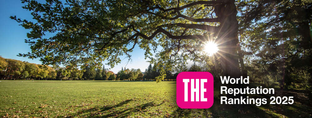 Sun shining through the trees on the U of Guelph Campus with the THE World Reputation Rankings logo overlayed on image.