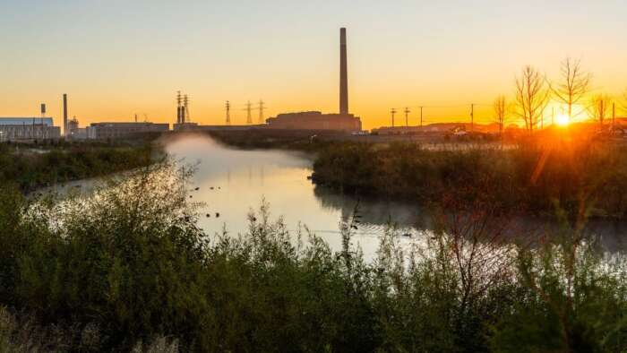 Flood protection in the Toronto Portlands at sunrise.