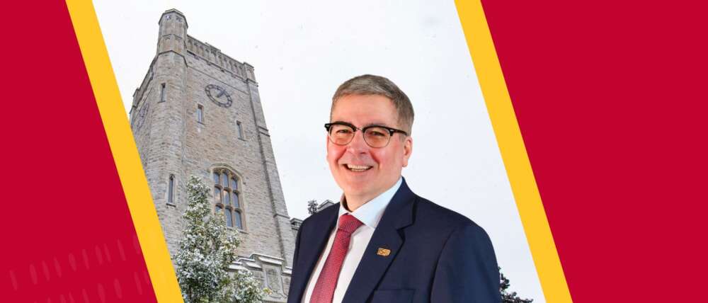 A headshot of Dr. John Cranfield overlaid on an image of Johnston Hall