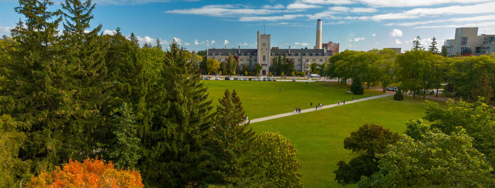 A field of green grass and trees on U of G campus; Johnston Green, a residential hall, can be seen in the background.