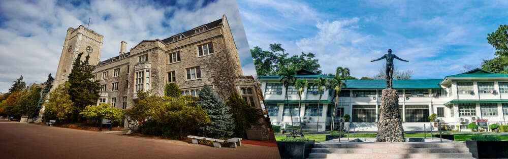 A promotional graphic showing the collaboration between the University of Guelph and the University of the Philippines Los Baños. The left half features the University of Guelph’s iconic Johnston Hall, while the right half shows the UP Los Baños campus with the Oblation statue.