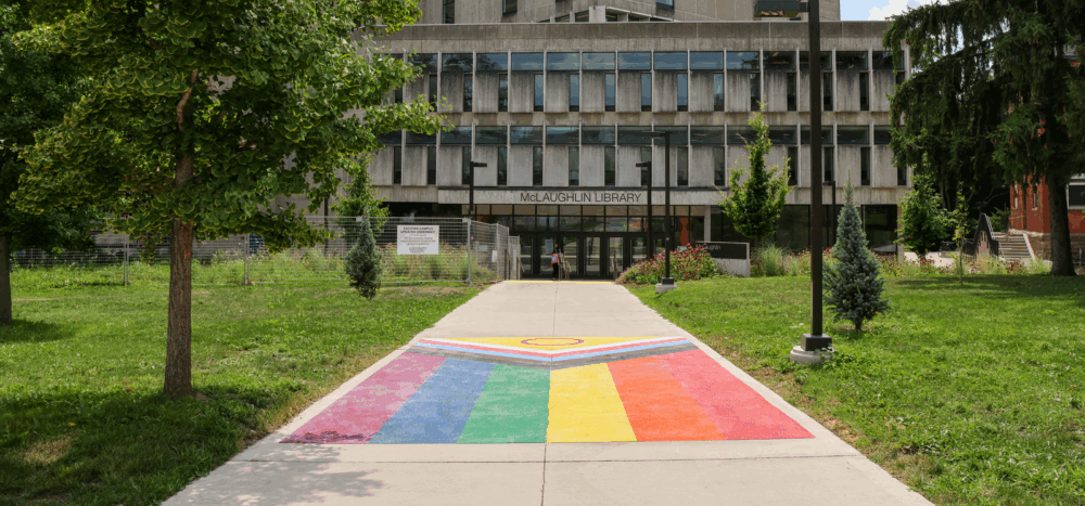 The pride flag painted on the sidewalk in front of the U of G Library