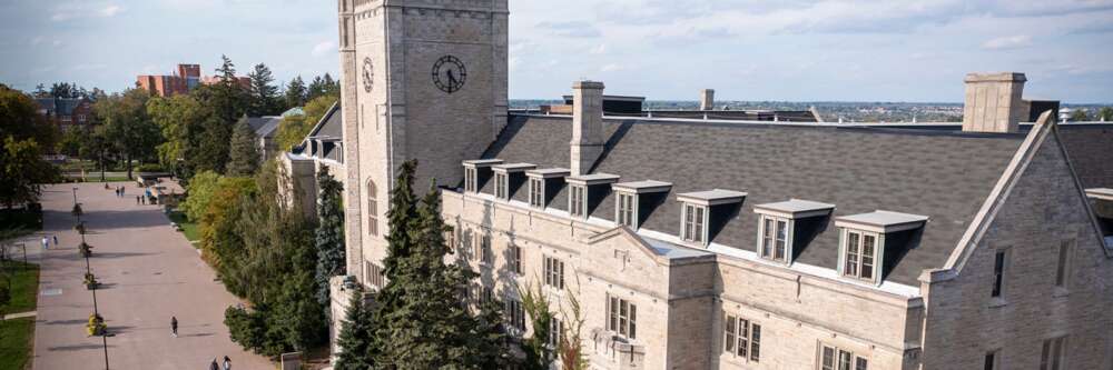 Aerial shot of Johnston Hall on a sunny day