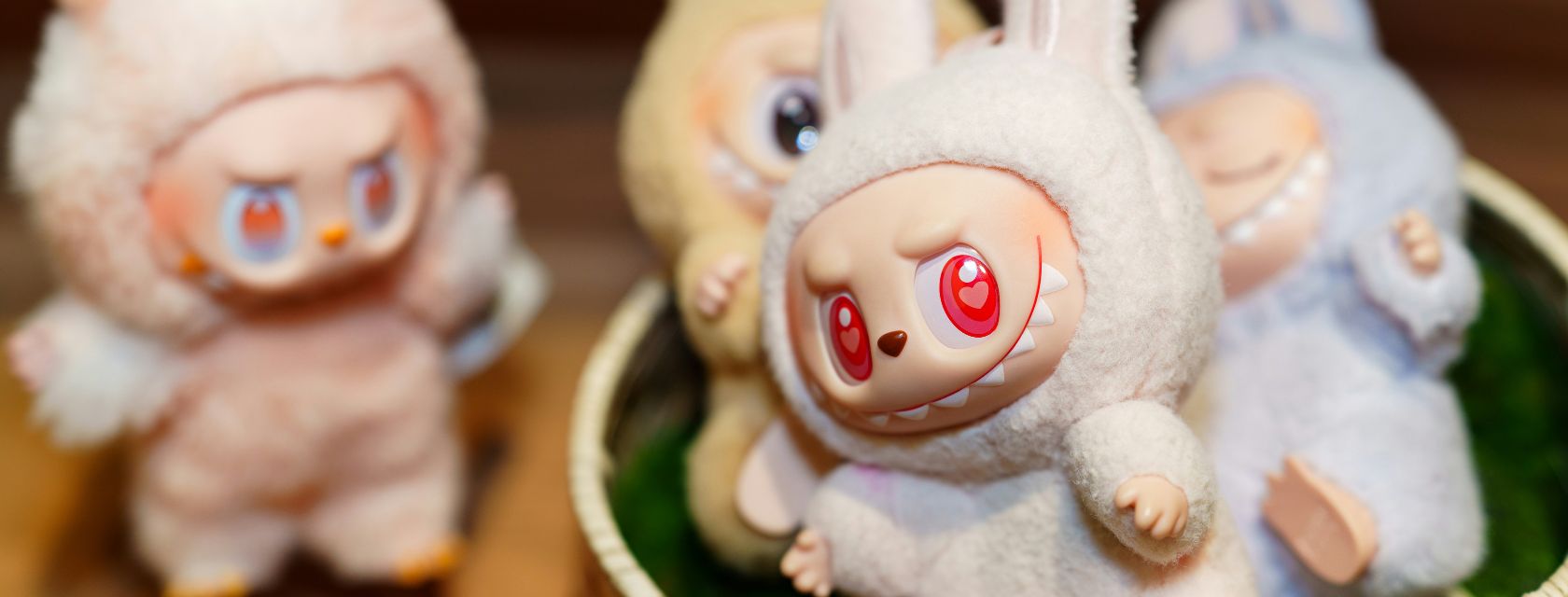 cream coloured dolls with red eyes and pointy teeth are shown