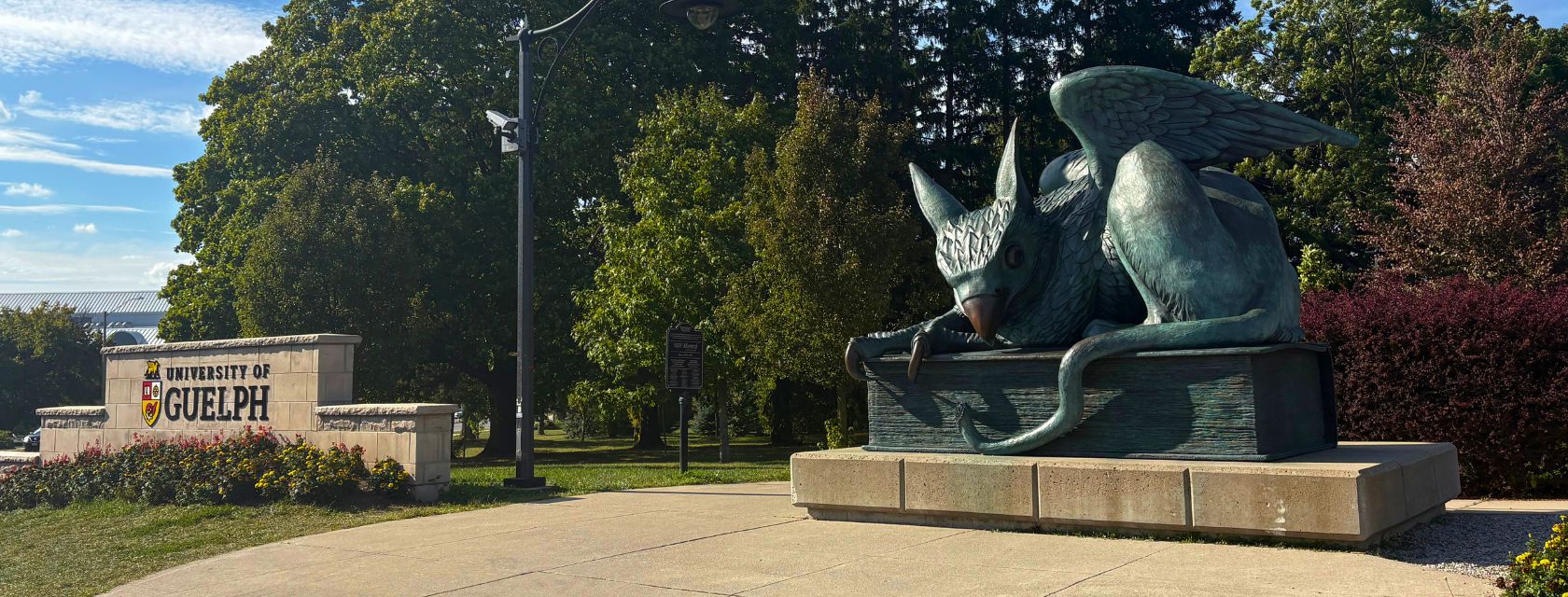 a gryphon statue and a sign saying university of guelph are shown in front of trees