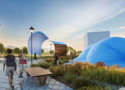 Rendering of an interesting outdoor space with a large bench, a large sculpture with curved sides, and blue mounds.