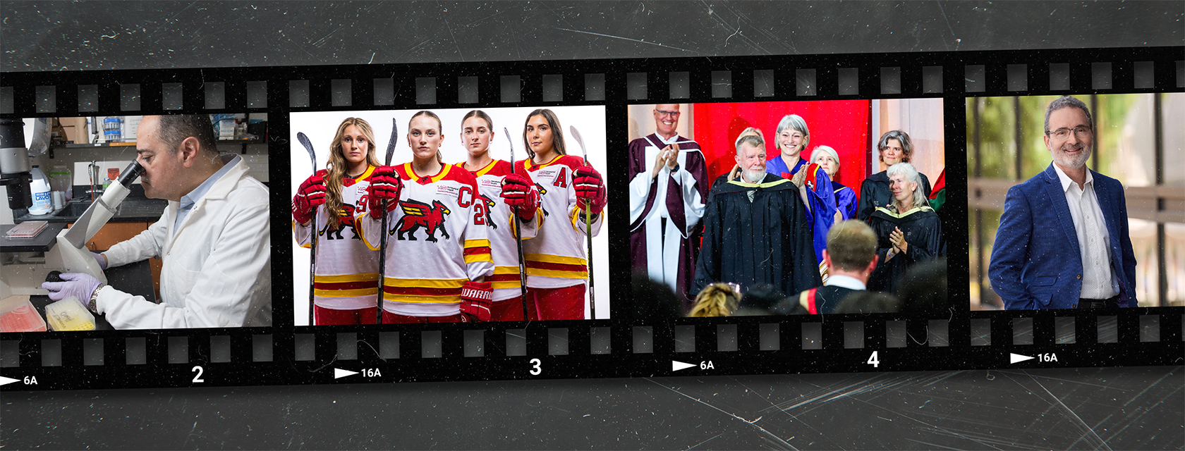 a filmstrip of photos, including a person looking at a microscope and a hockey team