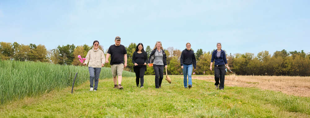 Six people walk across a grassy research field holding flags and sampling tools, with crop plots and trees in the background.