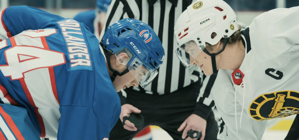 two hockey players in jerseys and helmets face off