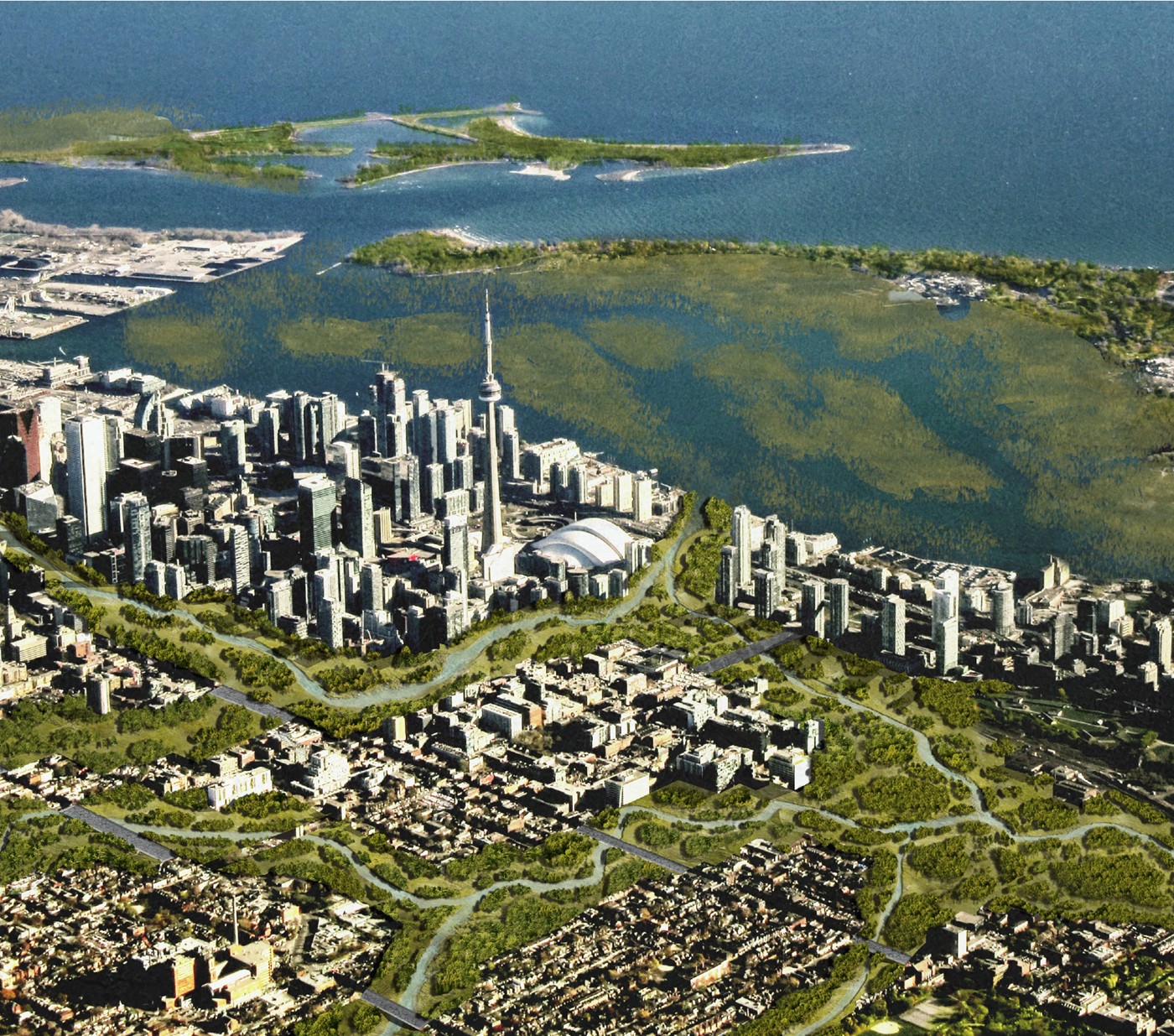 An aerial photo of a Toronto imagined with more green space.