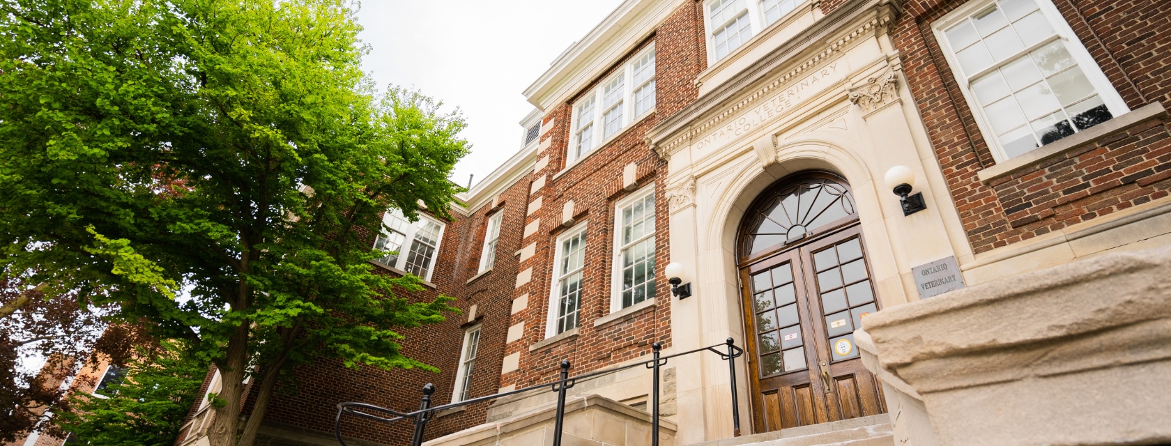 Historic brick of the Ontario Veterinary College building with symmetrical white-trim windows, stone base, and arched wooden entrance framed by leafy trees.