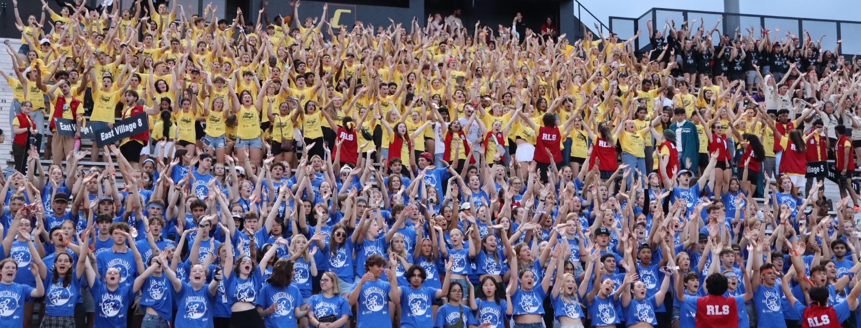people in yellow and blue shirts in stands at arena