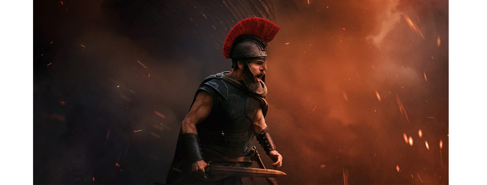 stylized image of person in armor wearing helmet and sword in front of flames